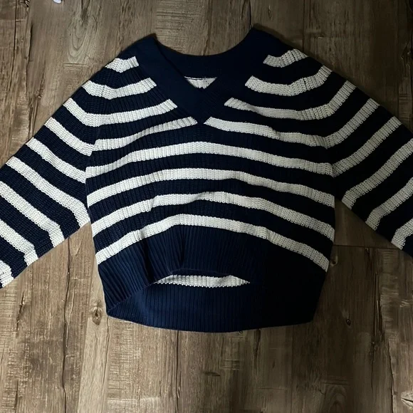 a blue and white striped sweater